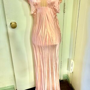 Mid-Century Pink Satin Nightgown with Embroidered Top